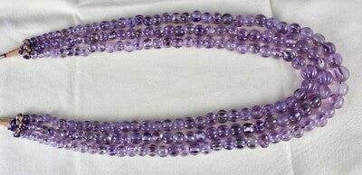 Antique Natural Amethyst Carved Melon Beads Necklace 583ct Gemstone 3 Line