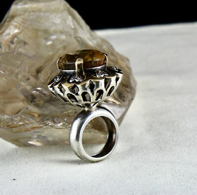 Certified Antique Victorian Ring Natural Diamond Citrine 18k Gold 925 Silver