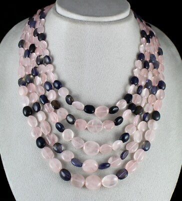 Natural Rose Quartz 826 Ct Iolite Beads 5 Line Fashion Gemstone Necklace