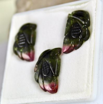 Natural Multi Tourmaline Carved 3 Pcs 28.26ct Gemstone For Designing