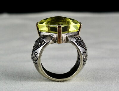 Natural Lemon Quartz 105ct Natural Diamond Sterling Silver Victorian Ring