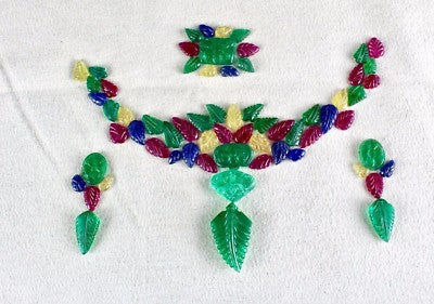 Certified Multi Emerald Ruby Sapphire Carved Leaves Loose Gemstone Necklace Set