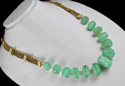 Certified Estate Natural Emerald 510ct Carved Melon Beads Diamond Gold Necklace