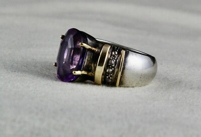 Antique Natural Amethyst 42.50ct 18k Gold Diamond Sterling Silver Victorian Ring