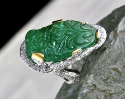 Certified Estate Zambian Emerald 10ct Carved Natural Diamond 18k Gold Ring