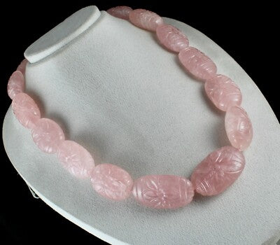 Certified Rare Big Rose Quartz 2027ct Carved Beads Sterling Silver Necklace