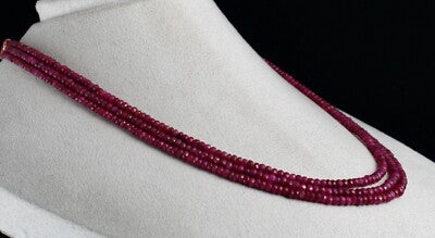 Ruby Corundum 272 Carats Dyed Gemstone Necklace, 3 Line Long Beads