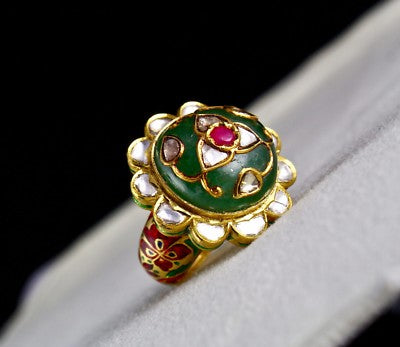 Certified Natural Emerald Ruby Cabochon Natural Diamond 22k Gold Jadau Ring