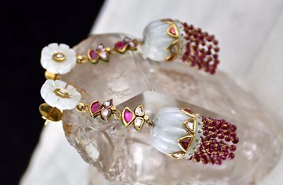 Persian Nephrite Jade 137ct 22k Gold Ruby Natural Diamond Jhumki Earrings