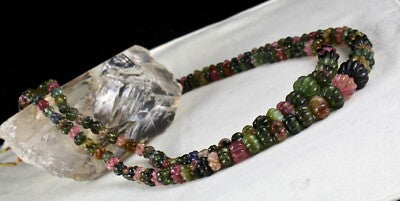 Certified Natural Multi Tourmaline 602 Ct Carved Beads Gemstone Necklace