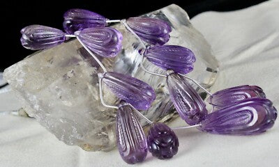 Certified Vintage Amethyst Carved Drops Beads 454ct Gemstone Necklace 15 Pcs