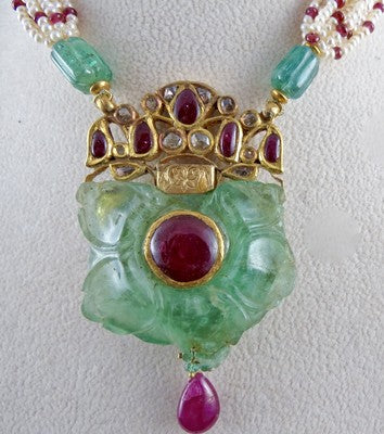 Certified Natural Colombian Emerald 10ct Ruby Diamond 18k Gold Pearl Pendant