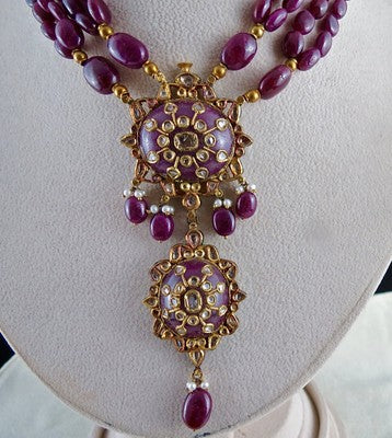 Certified Natural Ruby 600ct Natural Diamond 18k Gold Jadau Antique Necklace