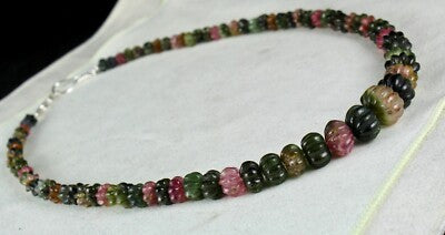 Certified Natural Multi Tourmaline 353ct Melon Carved Sterling Silver Necklace