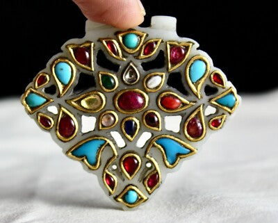 Certified Antique Persian Jade 127ct Natural Diamond 22k Gold Navratan Pendant