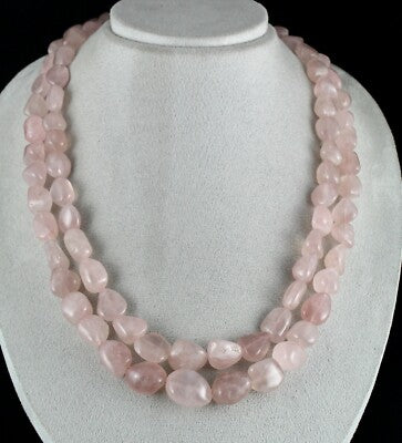Natural Rose Quartz Nugget Necklace 2 Line, 1109 Ct Gemstone Beaded Strings