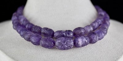 Certified Natural Amethyst 608ct Carved Beads Necklace Sterling Silver Hook