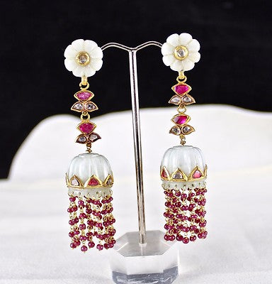 Persian Nephrite Jade 137ct 22k Gold Ruby Natural Diamond Jhumki Earrings
