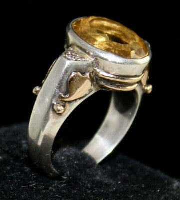 Natural Yellow Citrine 10ct Oval Natural Diamond 18k Gold Sterling Silver Ring