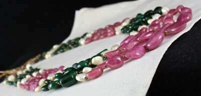 Certified Antique Natural Ruby 1196ct Emerald Pearl 18k Gold Necklace For Women