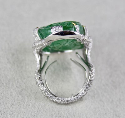 Certified Estate Zambian Emerald 10ct Carved Natural Diamond 18k Gold Ring
