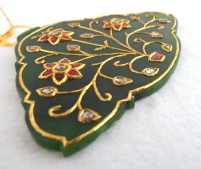 Certified Natural Green Jade 240ct Diamond Ruby 22k Gold Antique Pendant