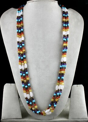 Handmade Natural Semi Precious 1077 Ct Beads 3 Line Gemstone Fashion Necklace