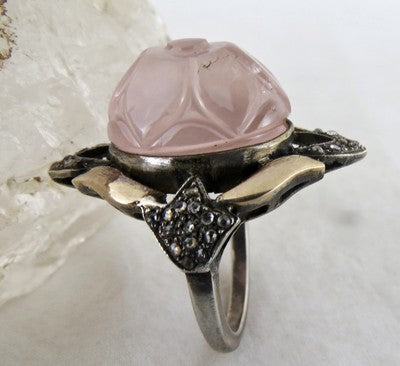 Antique Rose Quartz 62ct Natural Diamond Carved 18k Gold Sterling Silver Ring