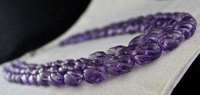 Certified Natural Amethyst Oval Carved Beads 1373 Ct Sterling Silver Necklace