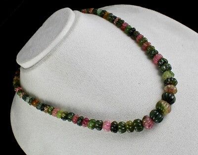 Certified Natural Multi Tourmaline 353ct Melon Carved Sterling Silver Necklace