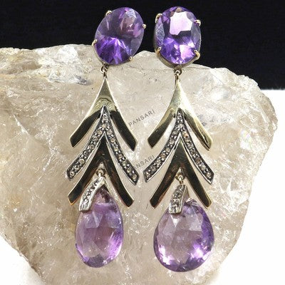 Amethyst 10 Ct & Natural Diamond Victorian Pavé Earrings 18K Solid Gold