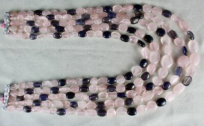 Natural Rose Quartz 826 Ct Iolite Beads 5 Line Fashion Gemstone Necklace