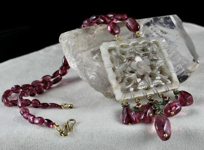 Certified Old Persian Jade Natural Diamond 10ct Tourmaline 18k Gold Pendant