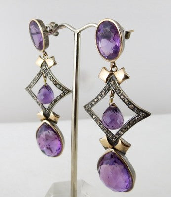 Natural Amethyst 10+ct Natural Diamond 18k Gold & Sterling Silver Earrings