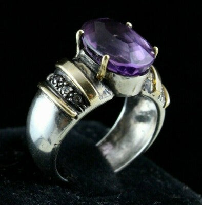 Antique Natural Amethyst 42.50ct 18k Gold Diamond Sterling Silver Victorian Ring
