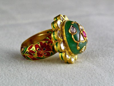 Certified Natural Emerald Ruby Cabochon Natural Diamond 22k Gold Jadau Ring