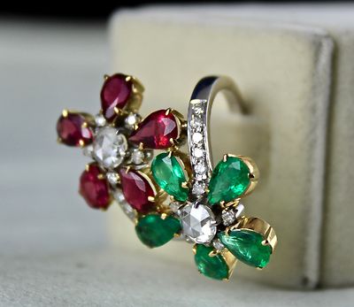 Certified Natural Emerald Rubellite Diamond 10ct 18k Gold Flower Cocktail Ring