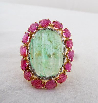 Certified Vintage Natural Emerald 10ct Ruby Carved Natural Diamond 18k Gold Ring