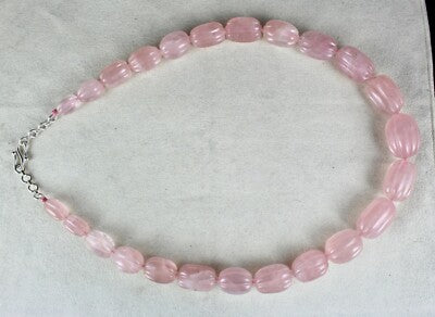 Natural Rose Quartz 883ct Melon Carved Beads Sterling Silver Necklace