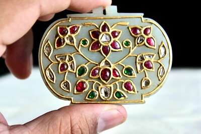 Certified Natural Diamond Mughal Nephrite Jade 10ct Gold Ruby Emerald Pendant