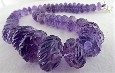 Certified Natural Amethyst 782ct Carved Beads Sterling Silver Vintage Necklace