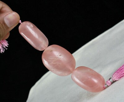 Pink Natural Rose Quartz Beads 543 Ct Gemstone Design Long Oval 3 Pcs
