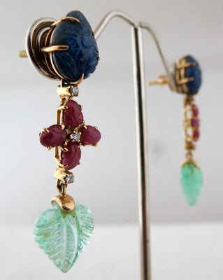 Certified Estate Natural Emerald 10ct Ruby Sapphire Carved Diamond 18k Earrings