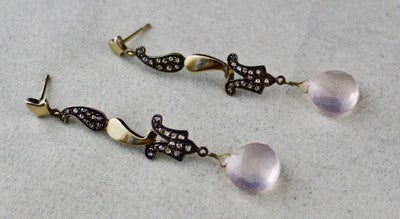 Natural Rose Quartz 10ct Tear Drops Natural Diamond 18k Gold 925 Silver Earrings