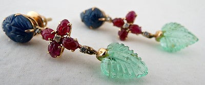 Certified Estate Natural Emerald 10ct Ruby Sapphire Carved Diamond 18k Earrings