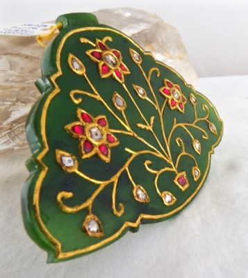 Certified Natural Green Jade 240ct Diamond Ruby 22k Gold Antique Pendant