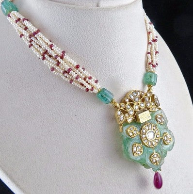 Certified Natural Colombian Emerald 10ct Ruby Diamond 18k Gold Pearl Pendant