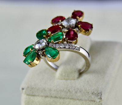 Certified Natural Emerald Rubellite Diamond 10ct 18k Gold Flower Cocktail Ring