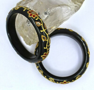 22k Yellow Gold Black Jade Bangle Pair Ruby 10ct Natural Diamond Jadau Certified