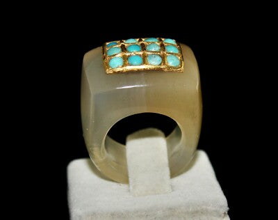 Antique Yellow Chalcedony 10ct Blue Turquoise 22k Gold Classic Ring For Women